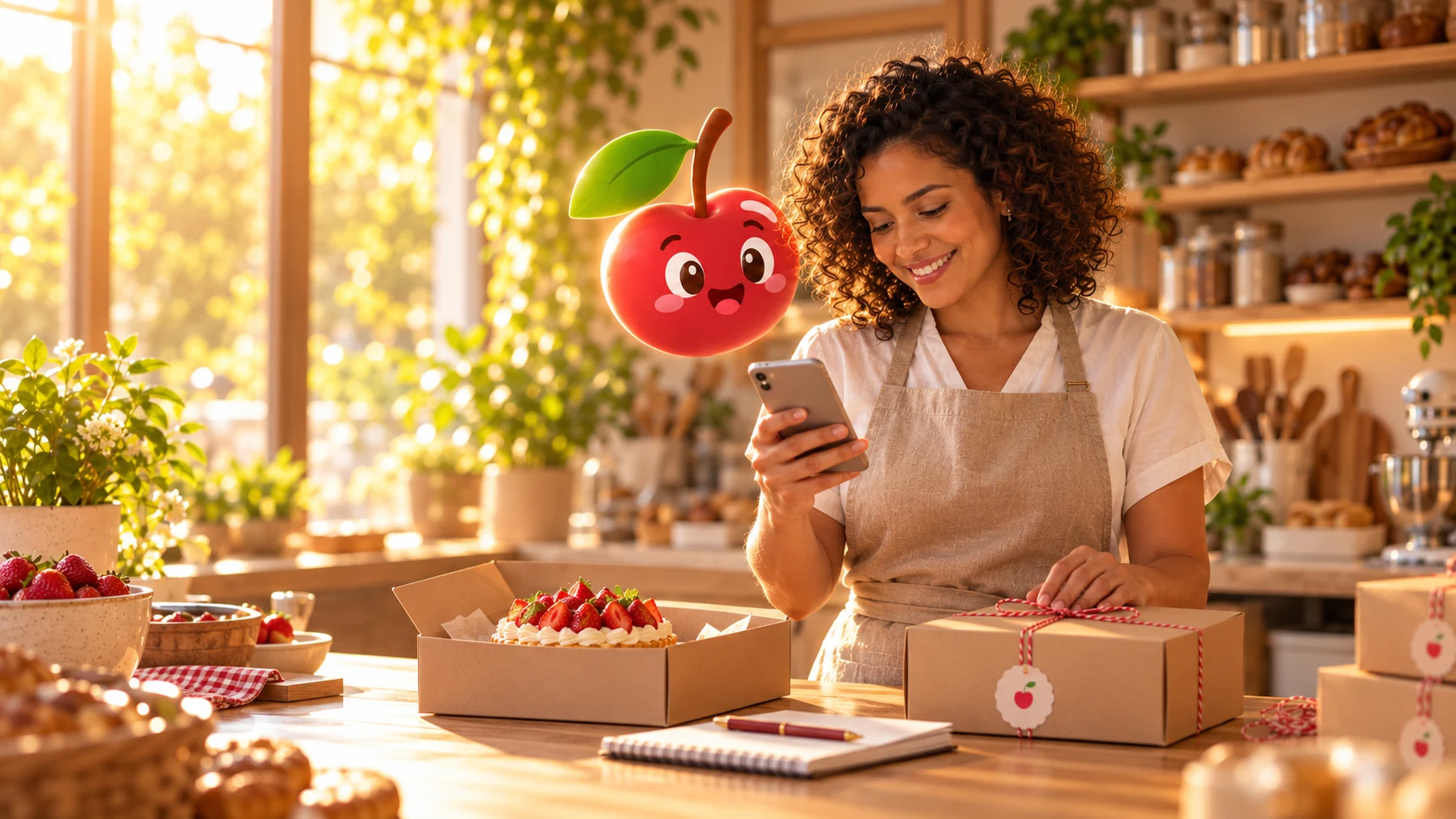 Empreendedora acompanha no celular o cuidado com o cliente após preparar uma encomenda