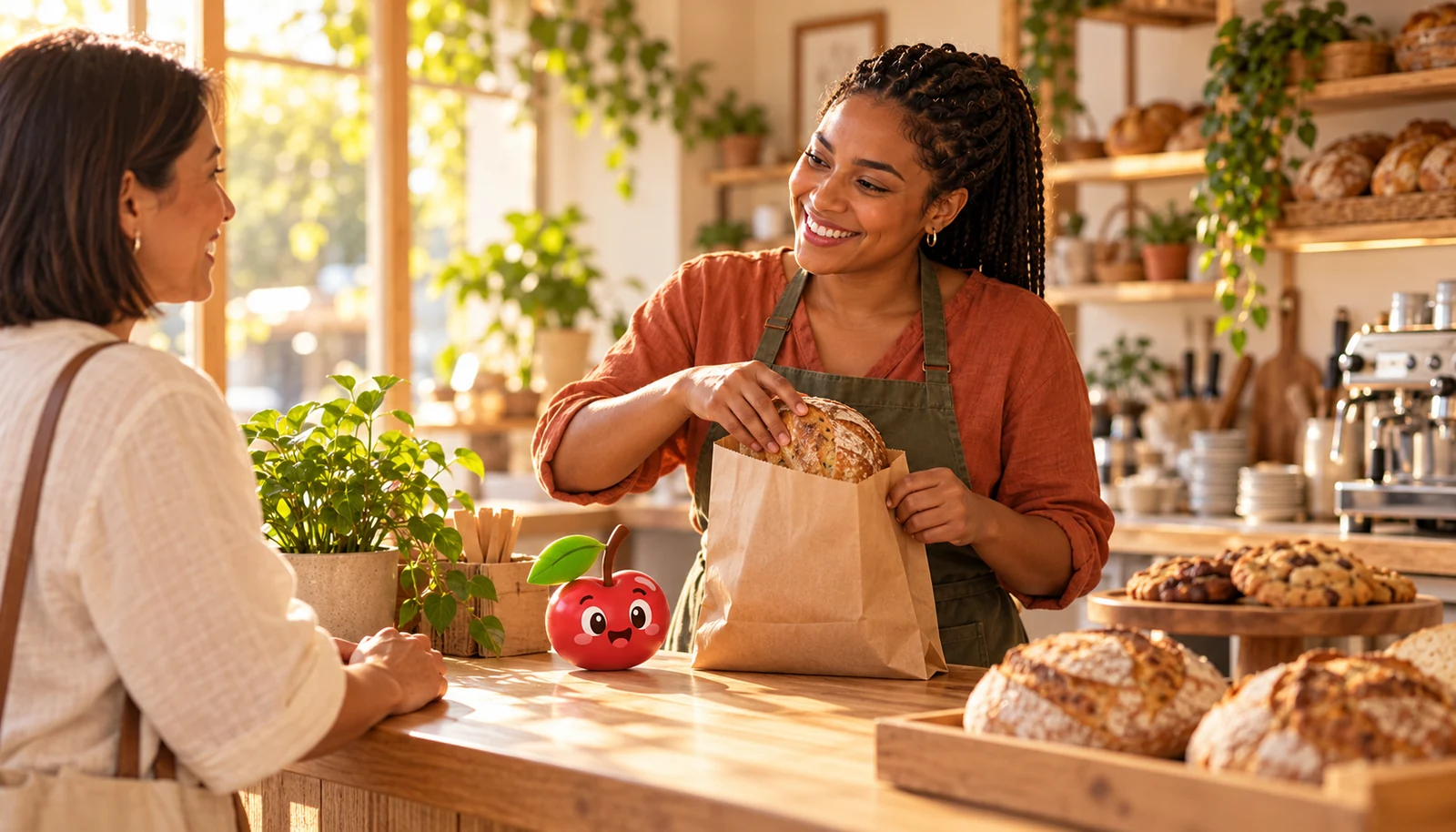 Empreendedora negra em seu café artesanal, atendendo uma cliente junto ao balcão de pães
