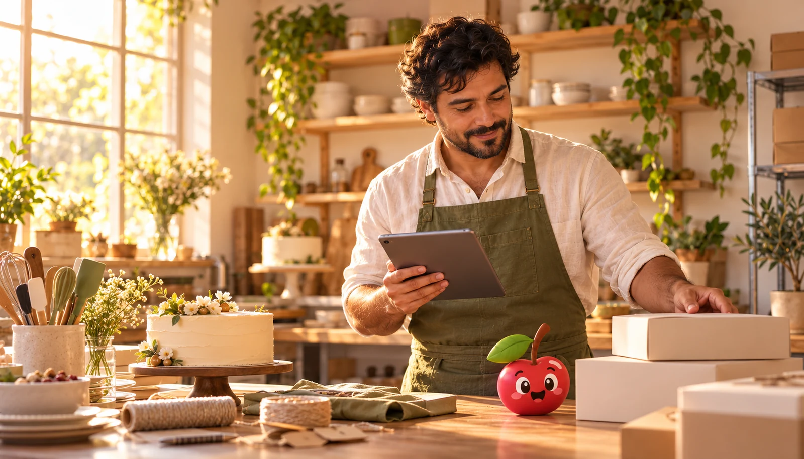 Boleiro decorando um bolo em sua cozinha de produção artesanal