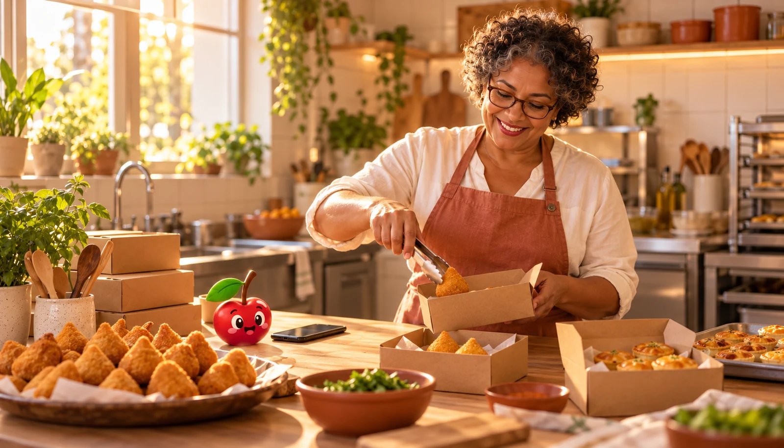 Empreendedora de salgados organizando a produção e as encomendas em sua cozinha