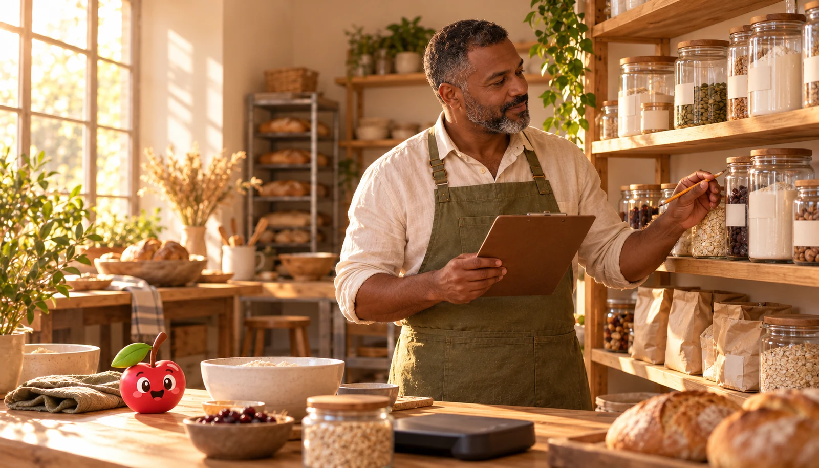Empreendedor confere potes de ingredientes e anota as quantidades na cozinha do seu negócio artesanal