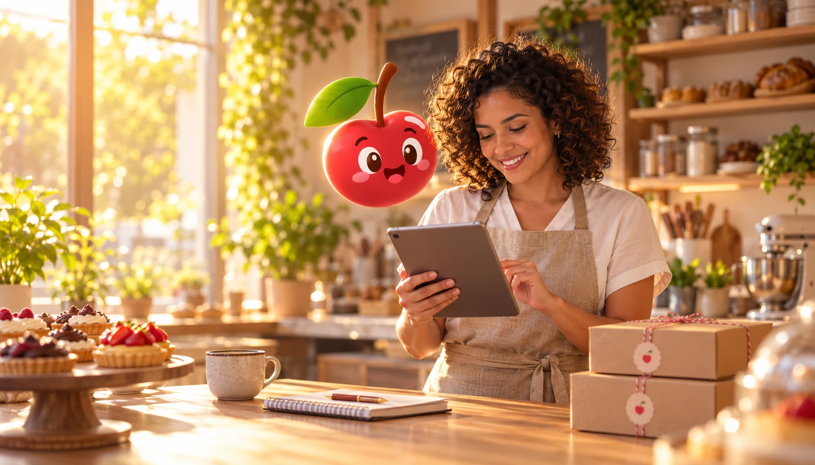 Empreendedora organiza encomendas no tablet em uma cozinha iluminada pelo sol, acompanhada pela cerejinha do Doce Gestão